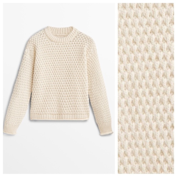 NWT. Massimo Dutti Cream Cotton/Wool Blend Open-Knit Sweater. SIze L. - Picture 5 of 10